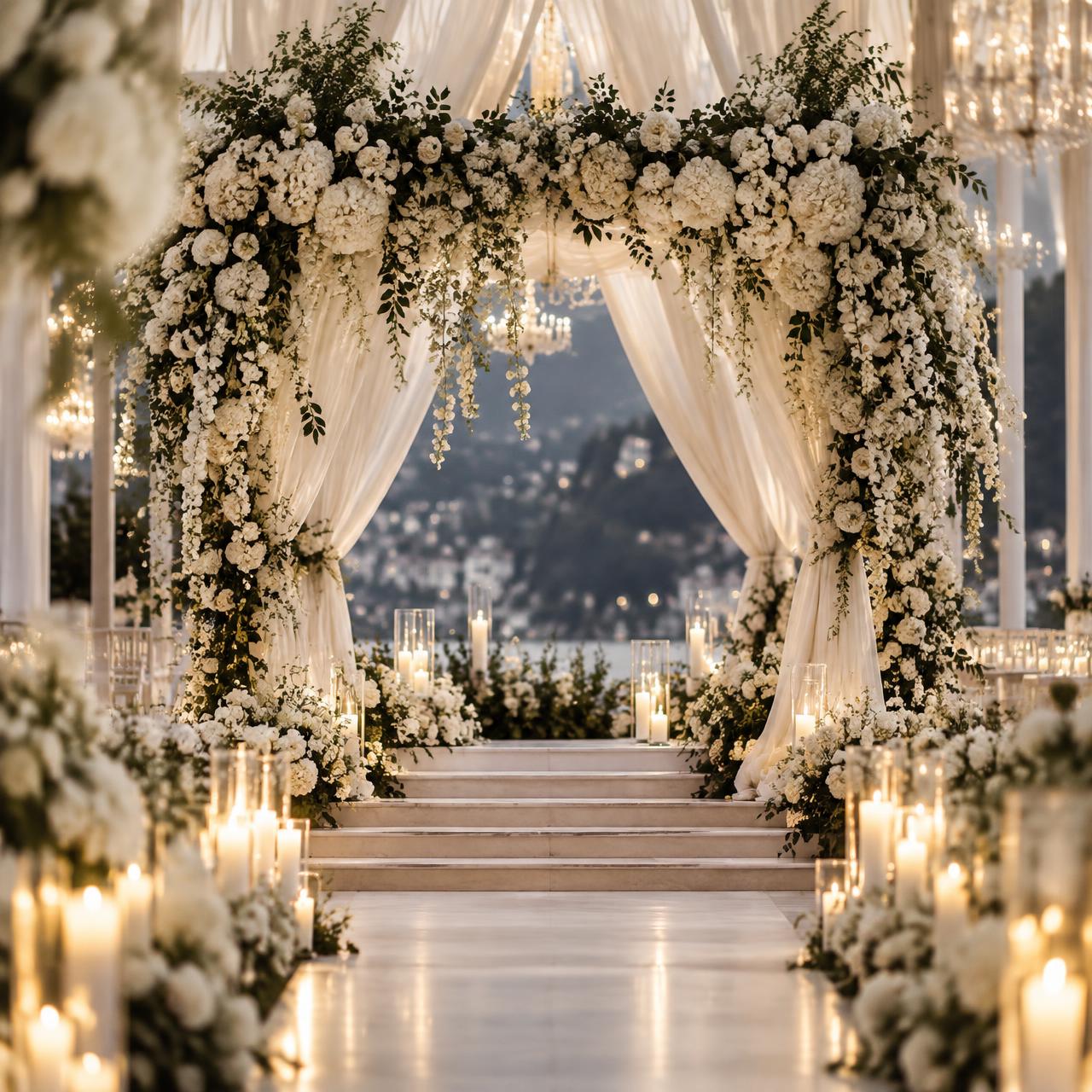 Candlelit floral arch at an elegant event